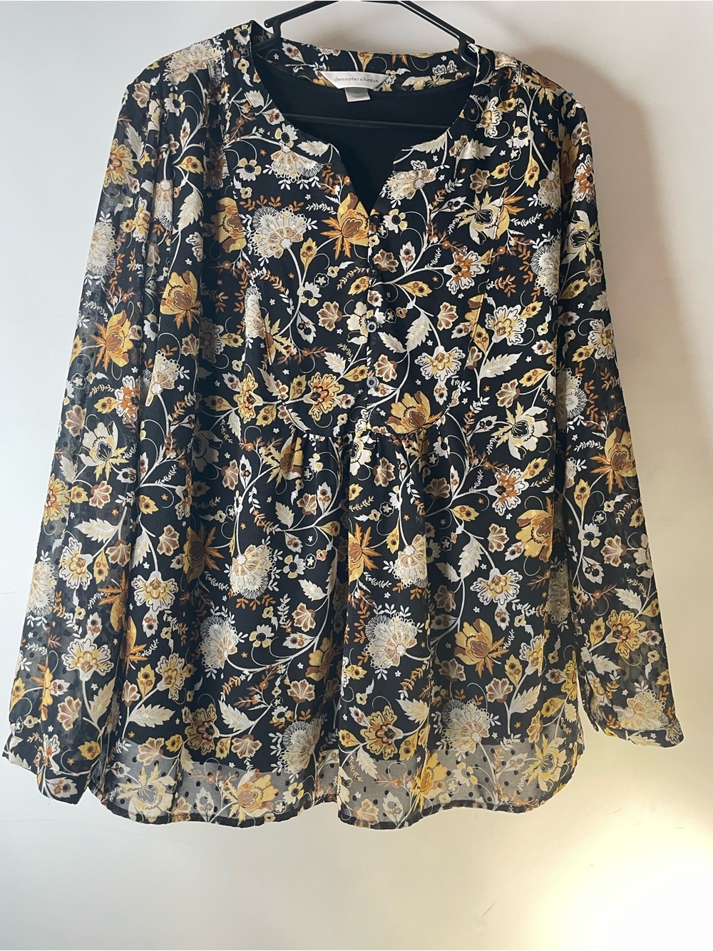 Christopher & Banks Two For One Black Floral Peasant Blouse with Yellow Flowers